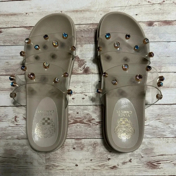 Vince Camuto Slide Sandals Clear Jeweled Size 7.5 Bling Slip On Pool Beach - Picture 1 of 8